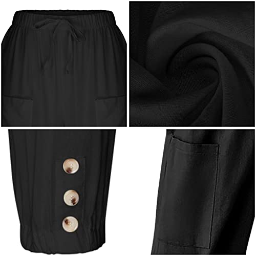 Women's High Waist Pants Drawstring Capri Pants With Pockets Wide Leg Cropped Pants For Women Black X-Large #TOP5