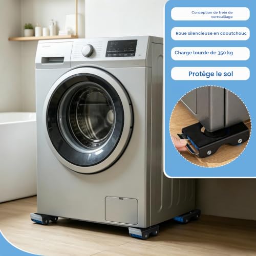 4 Pcs Support Machine À Laver Roulant, Socle Pour Sèche-Linge Réfrigérateur, Chariot Meuble Lourd 350kg Avec Roulettes Et Freins, Patin Anti-Vibration Base Universelle, Noir – vue 2