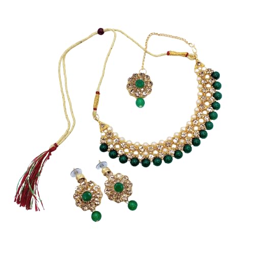 MAKHAN Gold Plated Indian Wedding Bollywood Light Weight Pearl Beaded Choker Necklace Jewellery Set, Earrings With Maangtikka set Moti Work. (Green) (B0CDSHLB5R) Amazon Price History, Amazon Price Tracker