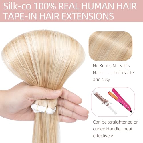 Silk-co Real Remy Tape in Straight Human Hair Extensions 10pcs 24inch #18P613 Ash Blonde&Bleach Blonde Balayage Seamless Tape on Hair Extension Straight Human Hair - Image 4