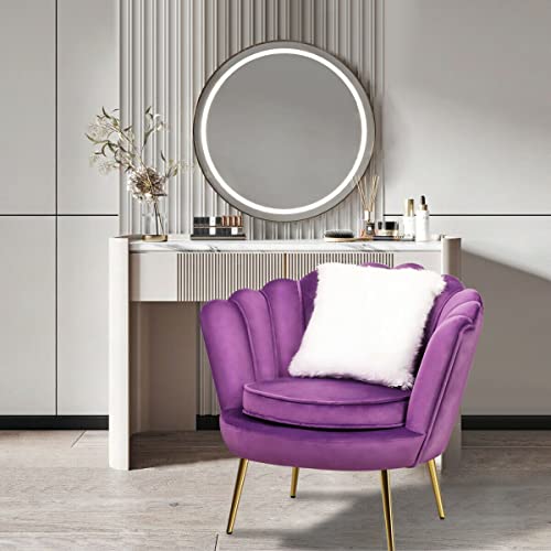 Magshion Modern Scalloped Back Accent Velvet Upholstered Armchair With Golden Legs And Soft Pillow For Living Room, Comfy Vanity Chair, Tufted Guest Chair, Purple #TOP5