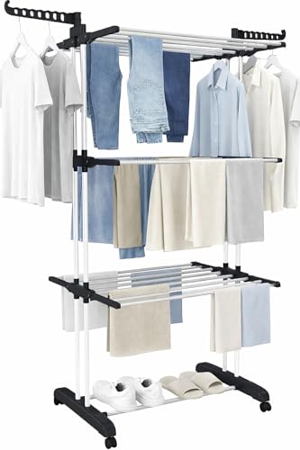 FUREINSTORE Tendedero de Ropa Plegable con Ruedas, 4 Niveles, Perchero con Ganchos Giratorios 360°, Gran Capacidad de Secado, Estante Multifuncional para Interior y Exterior (Negro+Blanco)