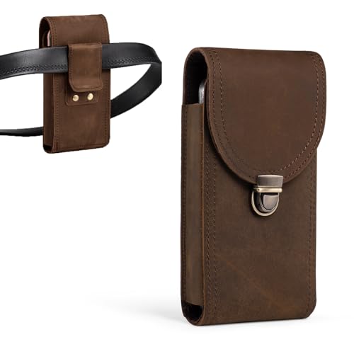 Hengwin Genuine Leather Vertical Cell Phone Holster fits for iPhone 16e 16 15 14 13 12 11 Pro XR Samsung Galaxy S25 S24 S23 S22 S21 S20 Belt Case with Belt Clip Phone Pouch Belt Holder (Retro Brown)