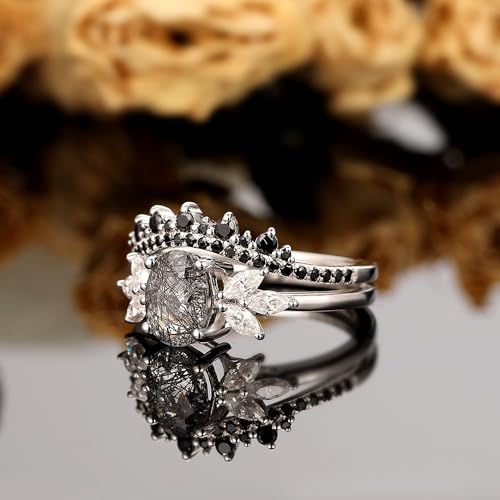Black Rutilated Quartz Wedding Ring Set for Women 925 Sterling Silver Plated Platinum Art Deco Goth 1.09 CT Natural Gemstone Bridal Engagement Promise Rings for Her Size 4-94