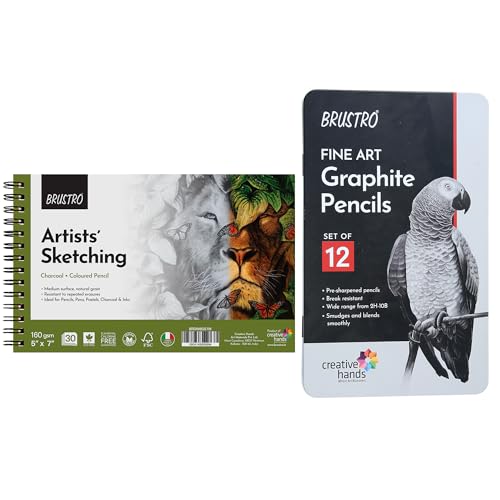 Image of Brustro Drawing & Sketching Wiro Pad,5x7 inches,160 GSM,30 Sheets with Graphite Pencil Set of 12 (10B-2H) Tin Box. Sketch and Gift