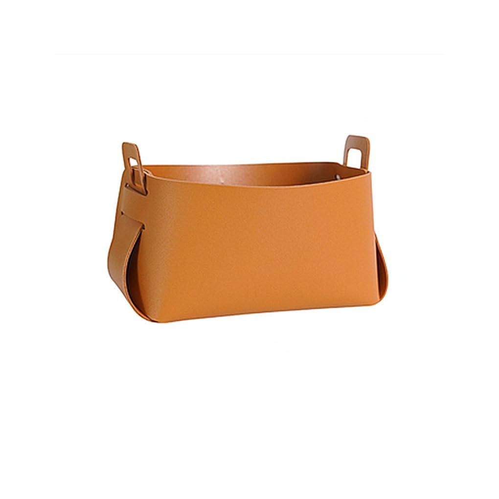WOVEBIUS Storage Basket Leather Organizer with Handle Decorative Holder Container Box Detachable Cosmetic Sundries Brown Orange S