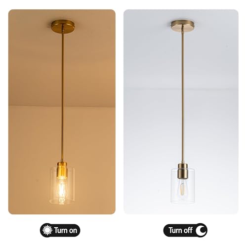 Image of MAYNA 3-Pack Brushed Brass Dining Room Light Fixtures, Modern Gold Pendant Lighting Over Island, Adjustable Rods Glass Chandelier for Kitchen Table (Bulbs Included)