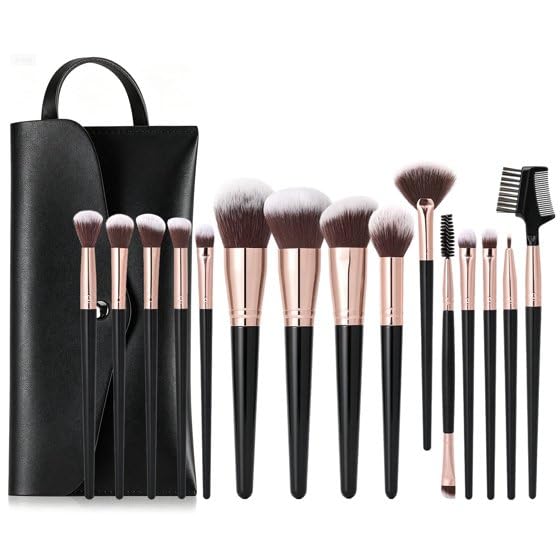 15pc Makeup Brush Set with PU Leather Bag, Black Gold
