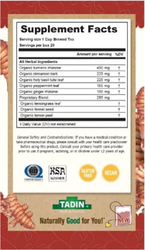Miniatura 9 de Tadin Té orgánico de cúrcuma y jengibre, apoya la digestión saludable, té de hierbas sin cafeína, 20 bolsas de té por caja, paquete de 6