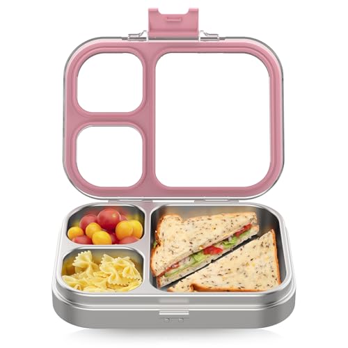 HOMEKOL Stainless Steel Bento Lunch Box, 3-Compartment Leak-Proof Lunch Container for Kids & Adults, BPA/BPS-Free 304 Metal Food Box, Dishwasher Safe, Clear Tritan Lid, Pink (Not Insulated)