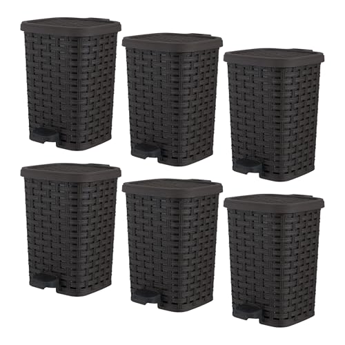 Image of Superio Mini Trash Can with Foot Pedal Small Outdoor Garbage Can with Lid, 1.5 Gallon Plastic Waste Basket for Bathroom, Bedroom, Kitchen, Office, Patio (Wicker Brown 6 QT.), 6 Pack