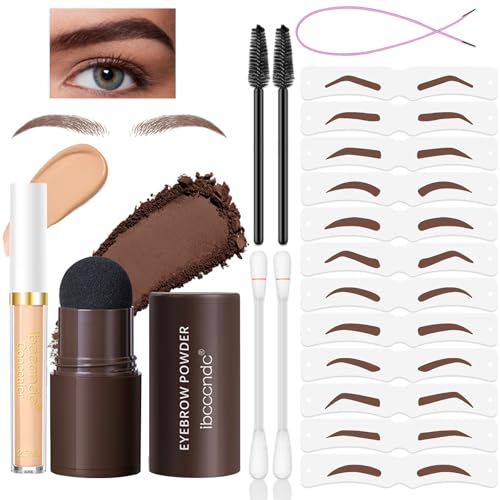 HOSAILY Eyebrow Stamp Stencil Kit, Brown Brow Filling Powder Stamp Waterproof, Eye Concealer, 12Reusable Brow cards+ elastic cord, 2Cleaning Cotton Swab, 2Brush Women Brow Shaping Makeup-Natural Brown
