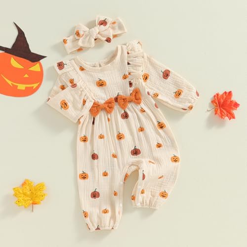 Baby Girl Halloween 2Pcs Outfit Set Pumpkin Ruffle Long Sleeve Jummpsuit+ Bowtie Headband Romper Clothes2