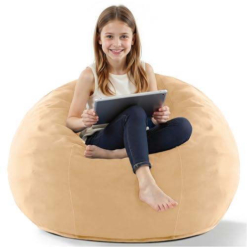 Image of HABUTWAY 2FT Bean Bag Chair, 2' Beanbags Small Bean Bag Chairs with Filling, Teardrop Bean Bag Chair Luxurious Velvet Ultra Soft Fur with Removable Cover(Khaki)