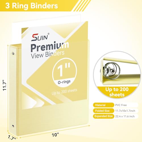 Image of SUIN 1 Inch 3 Ring Binder, Clear 1'' View Presentation Binders with 2 Pockets, Fits 8.5 x 11 Letter Size, Durable Polypropylene, Non-Stick & PVC-Free for School, Office & Home (Brushed Yellow)