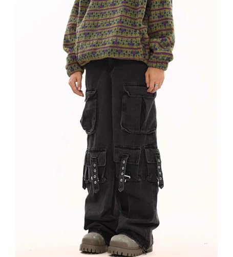 Cargo Jeans for Men Baggy Wide Leg Straight High Waist Y2k Multiple Pockets Trendy Hip Hop Denim Trousers2