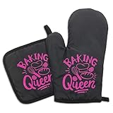 GOSJINNK Funny Oven Mitts and Pot Holders(Set of 2) Baking Queen Oven Mitts for Kitchen Decor Silicone Non-Slip Oven Mitts Kitchen Gifts for Women Hostess Great Housewarming Gifts for Family Friend