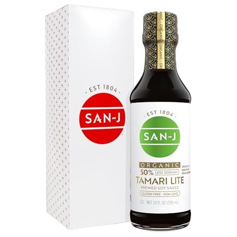 San-J - Organic Gluten Free Tamari Soy Sauce with 50% Less Sodium - Made with 100% Whole Soy - Specially Brewed - 10 oz. Bottle Cover