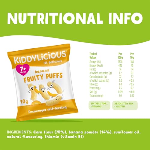 Kiddylicious fruity puffs Banana 10 g (Pack of 6) |Total 60g | Delicious snacks for babies | Crumb Free | Suitable from 7+ Months.