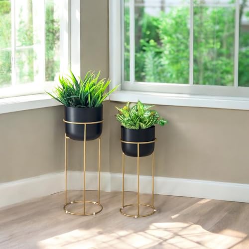 Image of Decorative Black Planters with Gold Stands for Indoor Plants | Metal Planters for Living Room Bedroom Balcony Home and Office | Set of 2