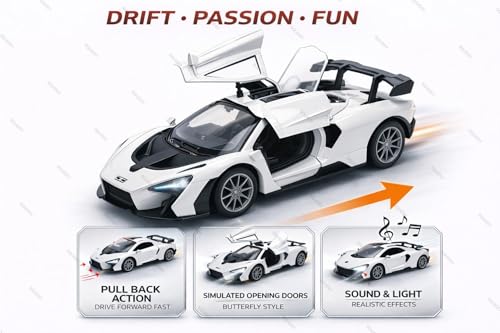 Image of Mini McLaren Senna Toy Car Model 1:36 Scale Die-cast Metal Pull Back Vehicle with Openable Doors, Lights & Music, Sports Model for Kids, Boys & Collectors (White)