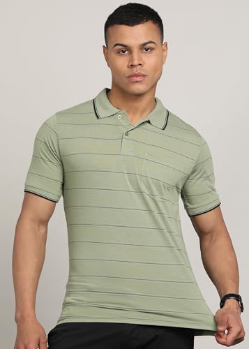 Image of INKKR Men Striped Polo Neck Cotton Blend T-Shirt