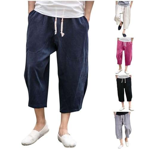Casual Cropped Trousers for MenCotton Linen Capris Pants with Pockets 3/4 Three Quarter Sweatpants Drawstring High Waist Pant Elasticated Waist Bottoms Summer Lightweight Activewear Hot Pink