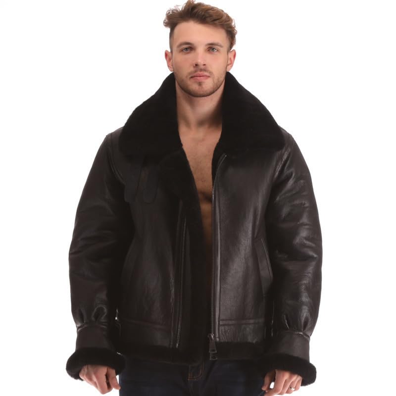 Blouson bomber B3 cuir noir brillant et doublure en laine noire véritable