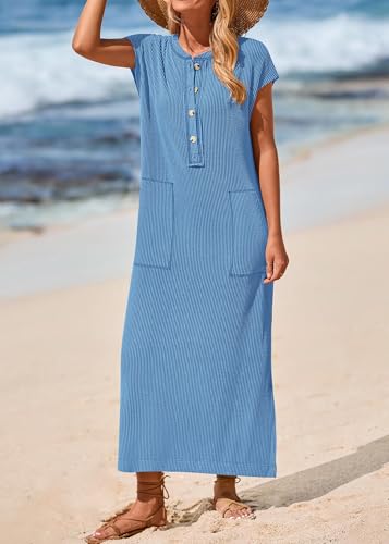 Image of KIRUNDO Womens Summer Ribbed Knit Short Sleeve Maxi Dress | 2026 Spring Henley Button Up Knitted Tshirt Dress, Loose Beach Vacation Sundress, Teacher Dress, Loose Fit Nursing Friendly
