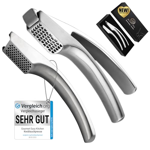 Knoblauchpresse Edelstahl Set mit 2 Aufsätzen | Knoblauch Presse für Knoblauchpaste & Stücke | Garlic Press für Knoblauch & Ingwer (kein Schälen notwendig) | Spülmaschinenfest 5 Jahren Garantie
