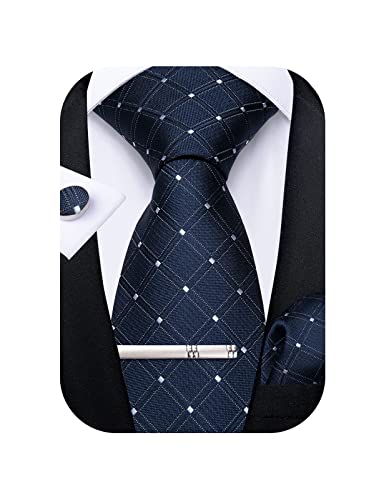 Image of DiBanGu Plaid Ties for Men Silk Checkered Necktie and Pocket Square Cufflinks Tie Clip Set with Gift Box for Wedding Business
