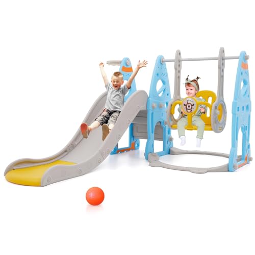 Rutsche Indoor ab 1 2 3 4 5 Jahr, 4-in-1-Kleinkindspielplatz mit Schaukel, Baby Rutsche Kinderzimmer, Gartenrutsche für Kleinkin für drinnen und draußen, Jungen und Mädchen (Blau)