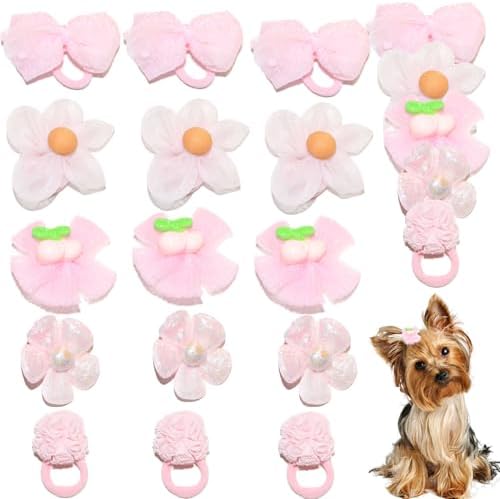 zaabaazina 20pcs Dog Hair Bows, Cute Puppy Hair Bows Flowers Bowknot Hairball Cherry Mix Styles, Pet Grooming Rubber Bands, Dogs Hair Accessories Handmade