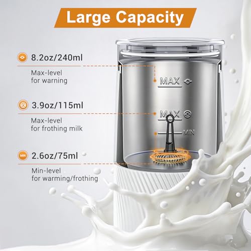 Image of Wowteam Milk Frother, 4-in-1 Electric Milk Steamer, Warm and Cold Milk Warmer and Foam Maker for Coffee, Latte, Cappuccinos, Macchiato, 8.2oz /240ml, Stainless Steel, White
