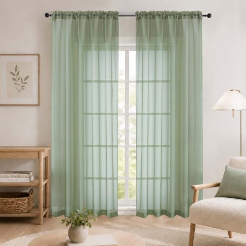 WelvetBLK Sage Green Sheer Curtains 84 Inches Long 2 Panels Set for Bedroom Living Room, Soft Airy Light Filtering Modern Solid Rod Pocket Drapes Window Treatments, Each 59" W x 84" L