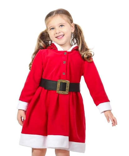 Lilax Little Girls' Holiday Christmas Santa Sparkle Hood Red Dress with Belt