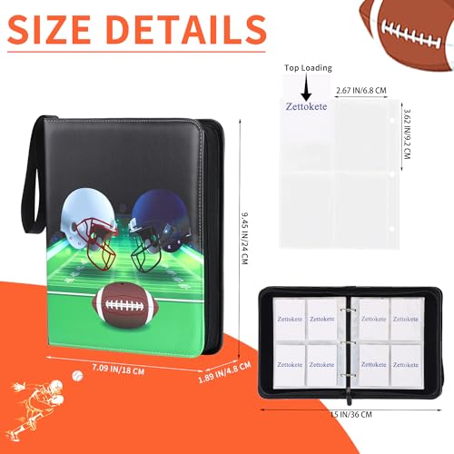 Image of 4 Pocket Football Card Binder with Full Zipper, Holds 400 Cards | 50 Removable Acid-Free & PVC-Free Card Pages, Durable PU Leather Cover for Long-Term Card Storage and Protection