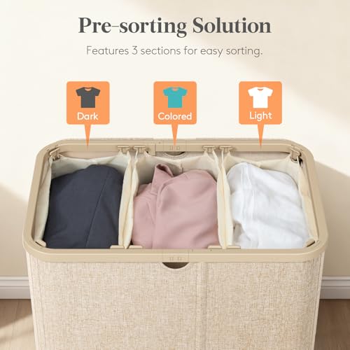 Image of Lifewit 165L 3 Section Laundry Hamper with Lid, Large Laundry Basket with Handles and Removable Bags, Tall Clothes Hamper, Foldable Laundry Sorter for Bedroom Bathroom, Beige