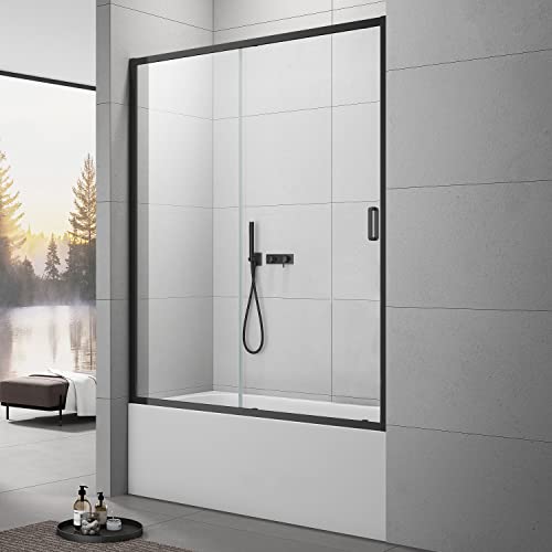 Sunrosa Semi-Frameless Glass Shower Door 59"×60", Single Sliding Shower Door With Handle, Bathtub Shower Door With Tempered Glass, Aluminum Shower Door For Bathtub In Matte Black #TOP10
