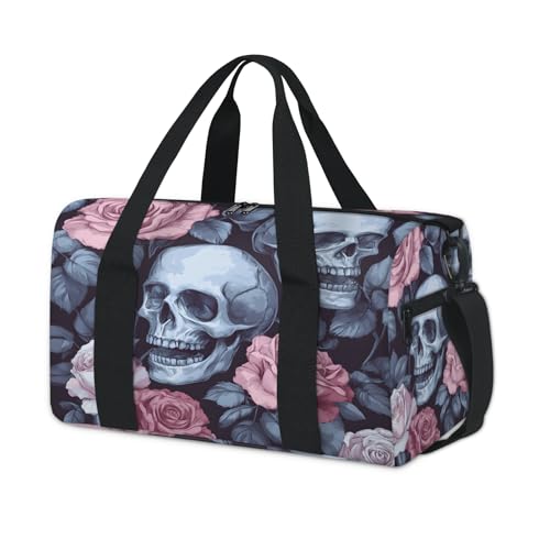 Skull Gothic Travel Duffle Bag Sports Yoga Weekender Overnight Workout Bags Floral Flower Rose Lightweight Waterproof Gym Tote Bag for Women
