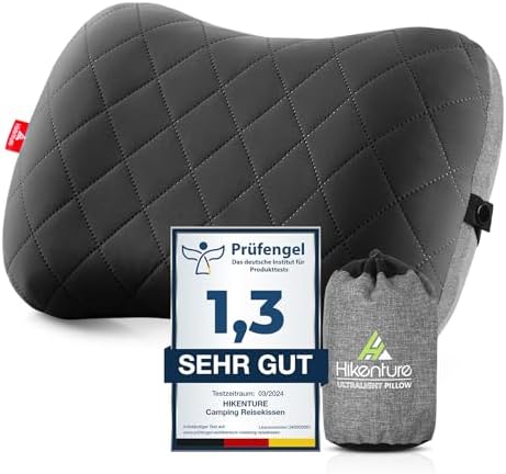 HIKENTURE Aufblasbares Camping/Reise Kissen mit Abziehbarem Kissenbezug | Ultraleichtes Ergonomisches Komfortables Kopfkissen Nackenkissen Kleines Packmaß Inflatable Travel Neck Pi