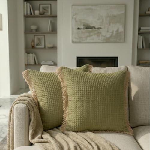 Image of Cotton Cushion Covers 16x16 Inch | Handwoven Olive Green Decorative Square Cushion Case with Fringe | Sofa, Living Room, Bedroom, Diwan Home Decor Throw Cushion Cover