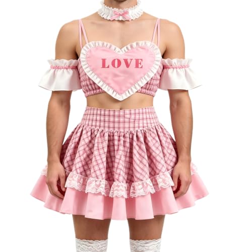 BLESO Men's Red Plaid Gay underwear Set with White Socks kawayi Outfit