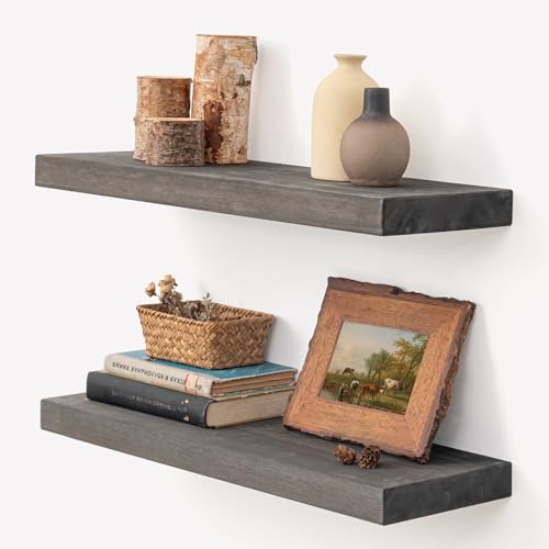 Image of Marsmiles Wood Floating Shelves for Wall - 24 Inch Grey Wood Floating Shelves Set of 2-24 Inch Wide x 7.7 Inch Deep x 1.6 Inch Thick Rustic Wooden Shelves for Room Wall