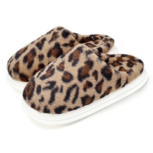 Jieertop Fuzzy Plush Slippers for Women Men Non-Slip Fluffy Winter House Shoes Indoor Soft Warm Faux Fur Lining Bedroom Slides (Leopard Print Brown)