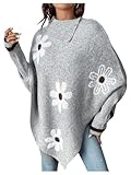MakeMeChic Women's Poncho Sweater Turtleneck Knit Floral Asymmetrical Fall Sweaters Pullover Grey Small