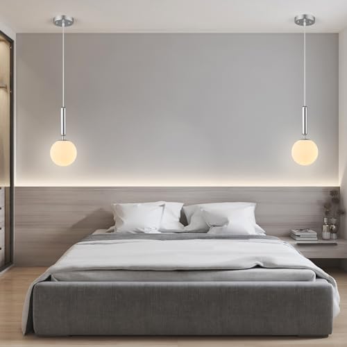 Image of Modern Hanging Light Fixture Pendant Lighting for Kitchen Island Mid Century Chrome Pendant Lights with Globe Milky White Glass Pendant Light for Bedroom Bathroom Entryway (3 Pack)
