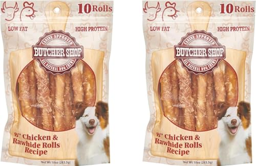 Butcher Shop 8” Chicken & Rawhide Rolls Dog Treats (2 Pack - 20 Rolls)