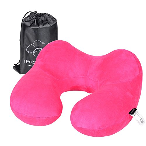 Hawkko Inflatable Travel Pillow U Shaped for Airplane, Head/Chin/Neck Support Cushion, Velvet Super Soft Neck Pillow, Lightweight/Compact/Portable (Rose)