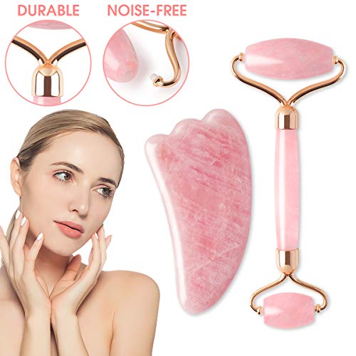 Jade Roller and Gua Sha Tools Set, Rose Quartz Roller and Gua Sha, Face Roller and Face Massager For Anti Aging, Beauty Massager for Skin Eyes Chin 2019 New Model No Squeaks by Ranphykx